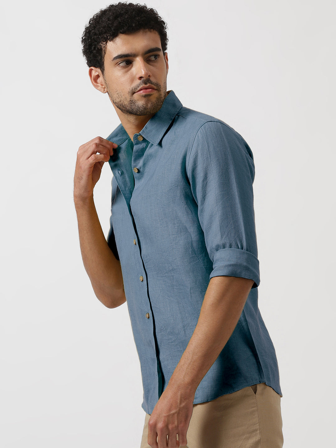 Ron - Pure Linen Full Sleeve Shirt - Blue Grey