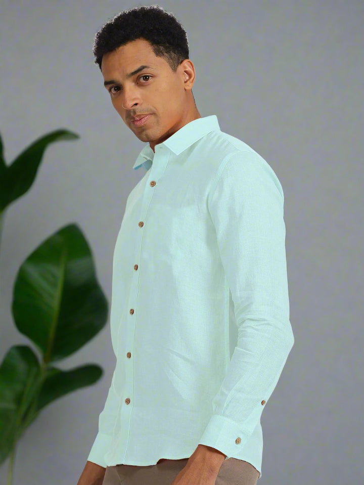 Ron - Pure Linen Full Sleeve Shirt - Cyan Blue