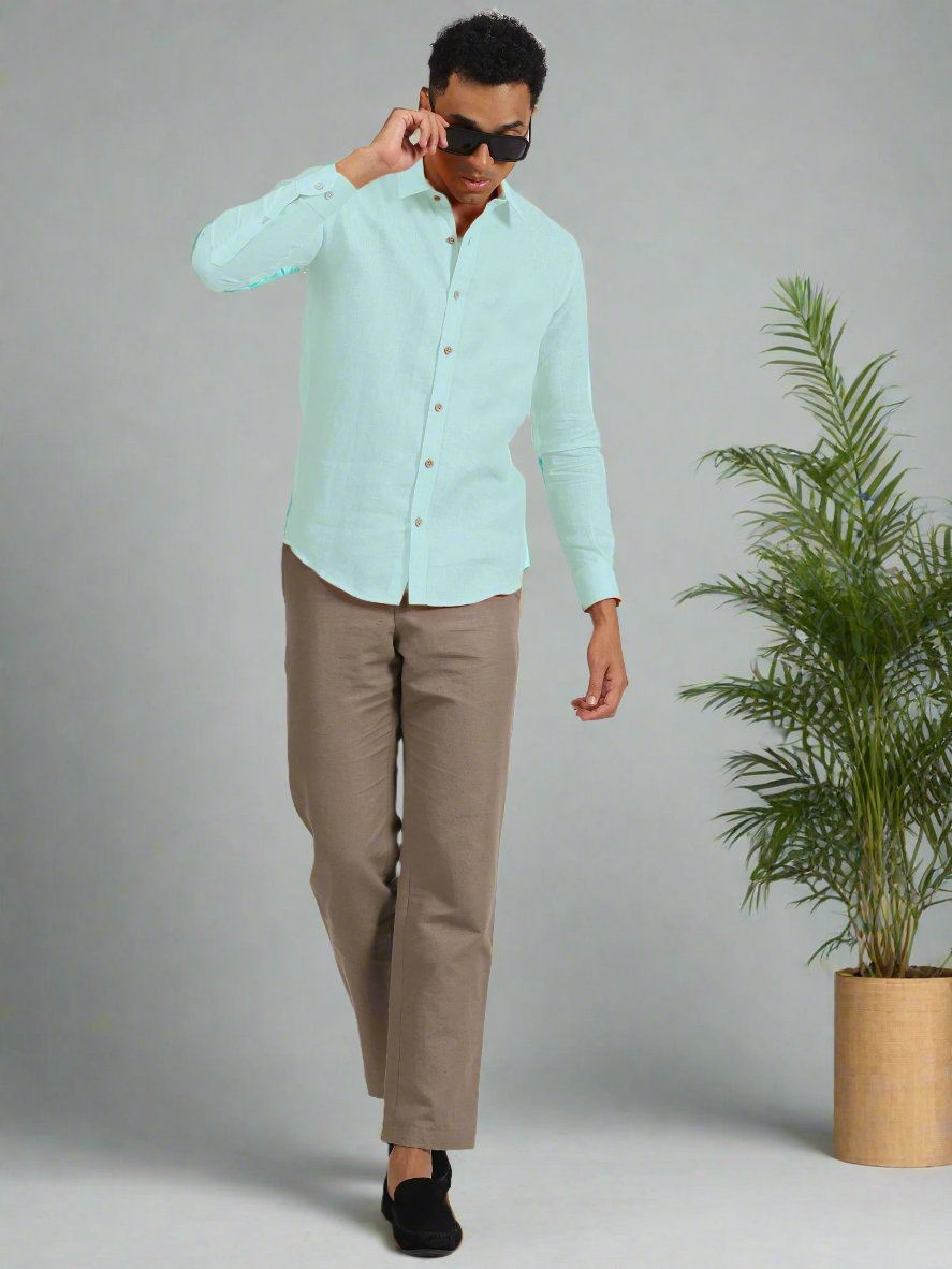 Ron - Pure Linen Full Sleeve Shirt - Cyan Blue