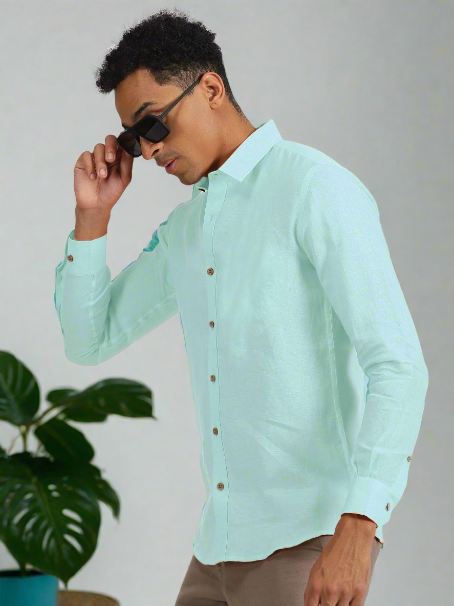 Ron - Pure Linen Full Sleeve Shirt - Cyan Blue