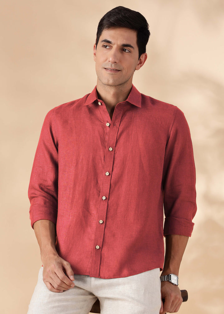 Ron - Pure Linen Full Sleeve Shirt - Terracotta Red