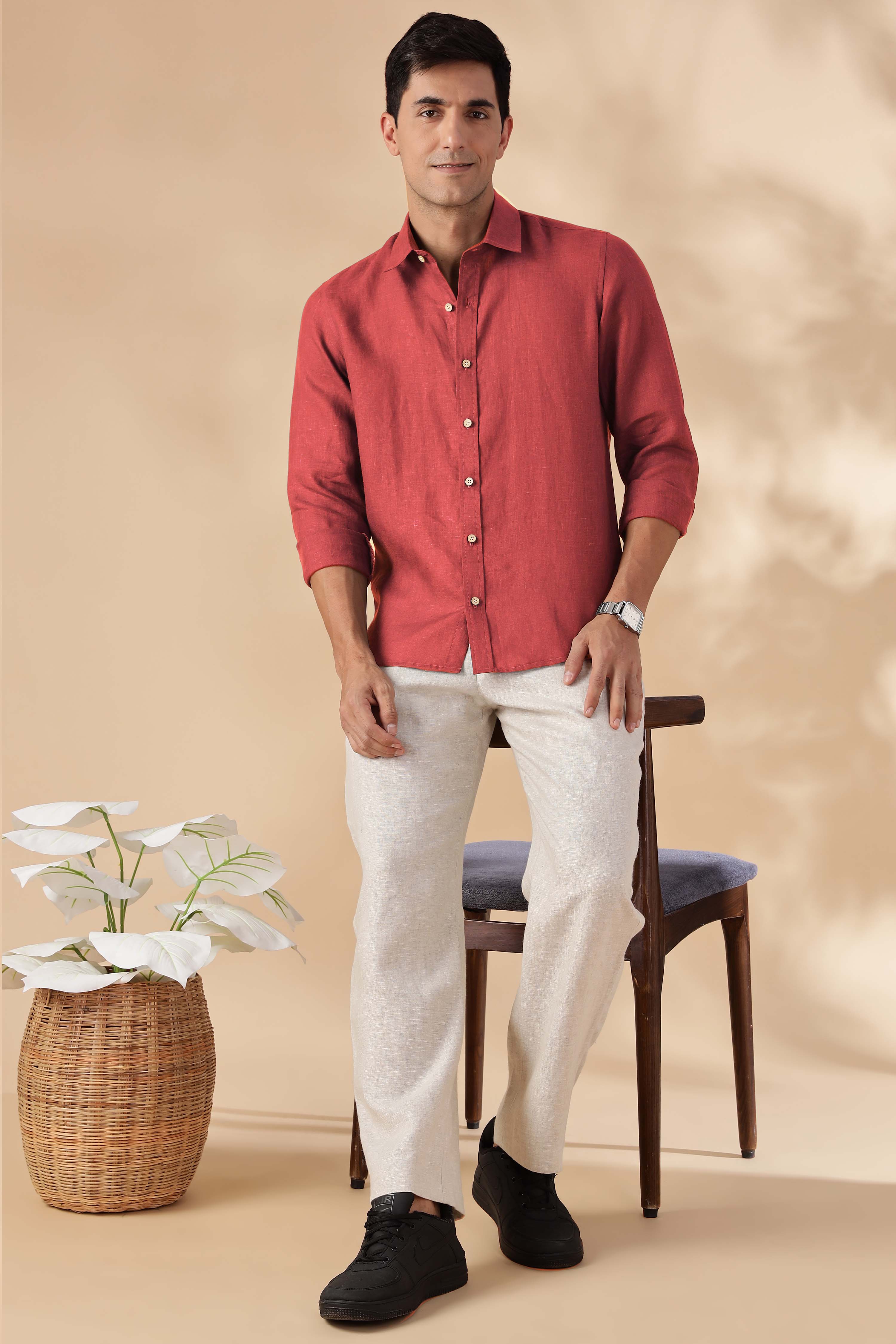 No pocket Terracotta Red Pure Linen Full Sleeve Shirt – Linen Trail