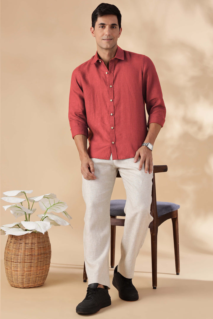 Ron - Pure Linen Full Sleeve Shirt - Terracotta Red