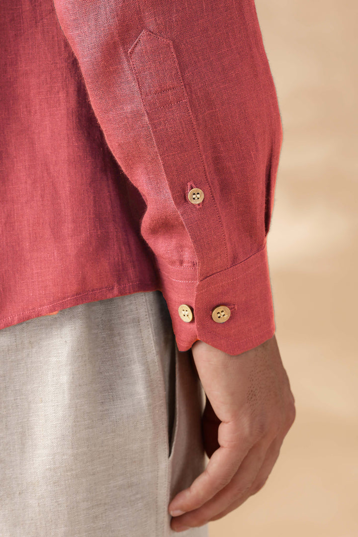 Ron - Pure Linen Full Sleeve Shirt - Terracotta Red