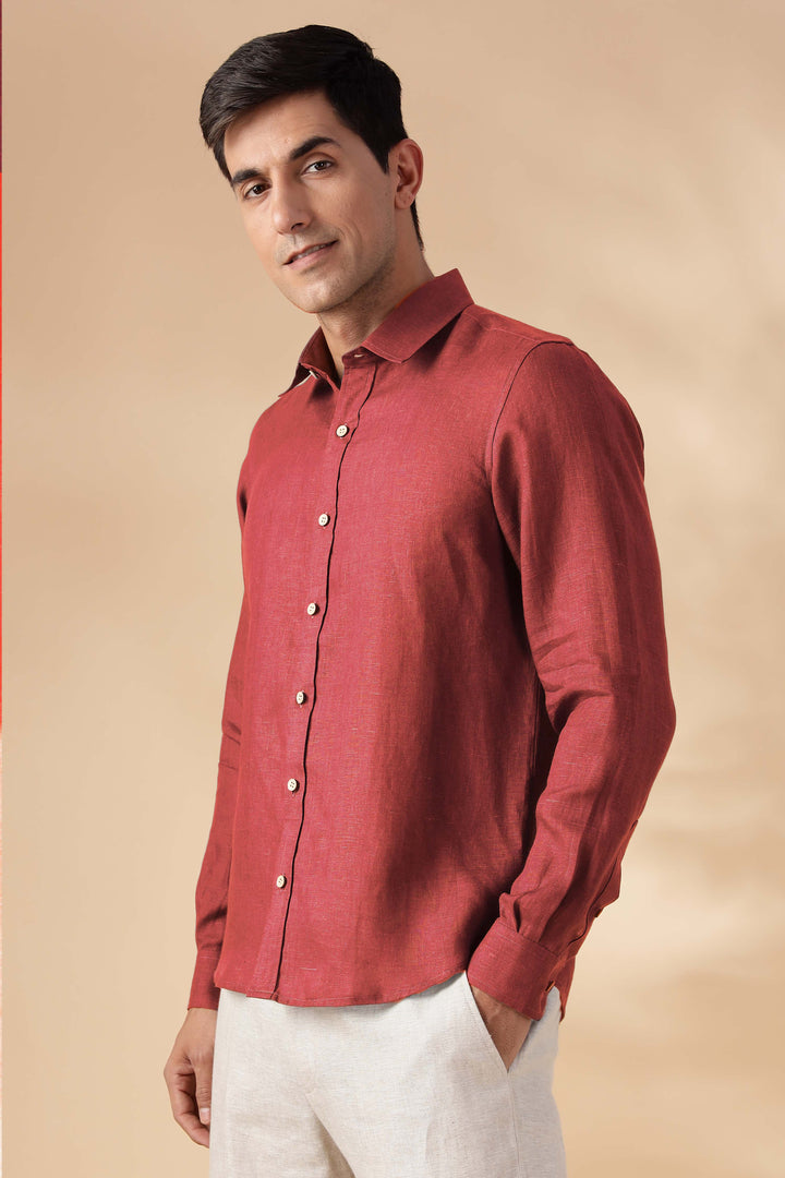 Ron - Pure Linen Full Sleeve Shirt - Terracotta Red