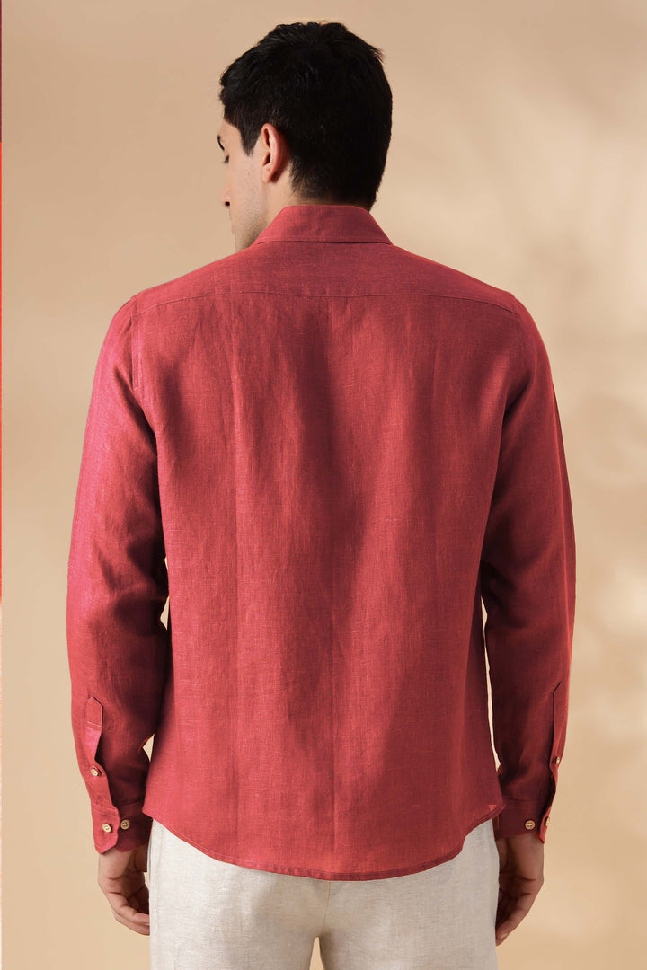 Ron - Pure Linen Full Sleeve Shirt - Terracotta Red