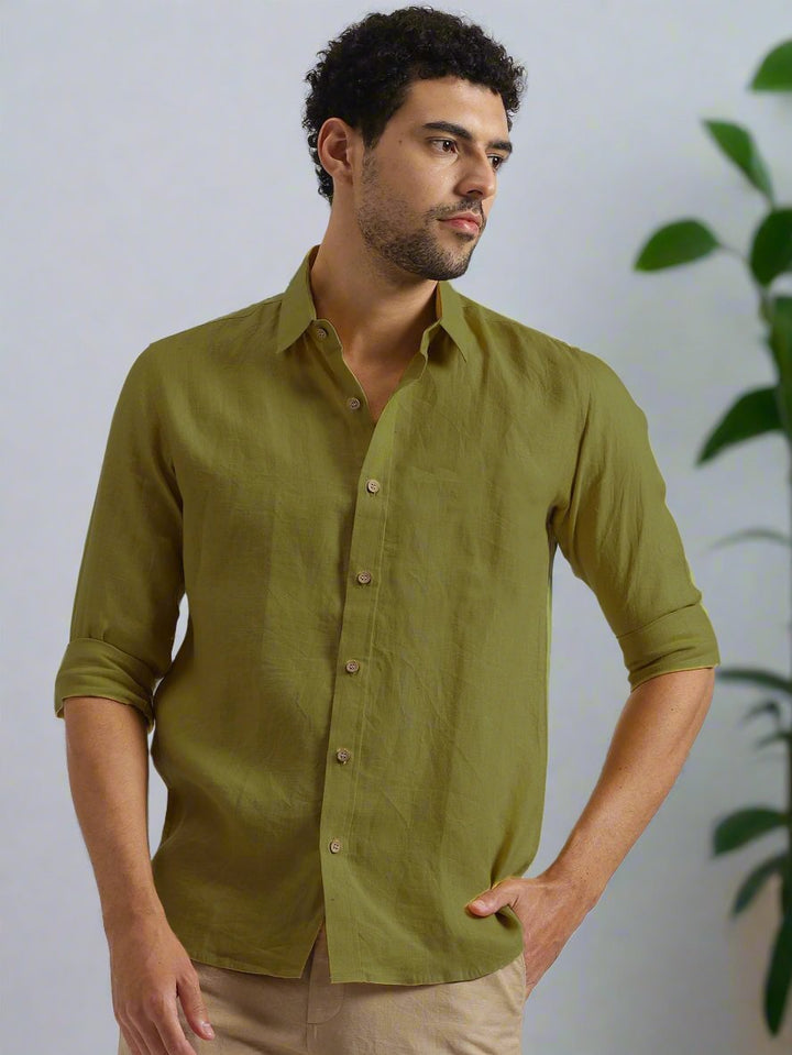 Ron - Pure Linen Full Sleeve Shirt - Sap Green