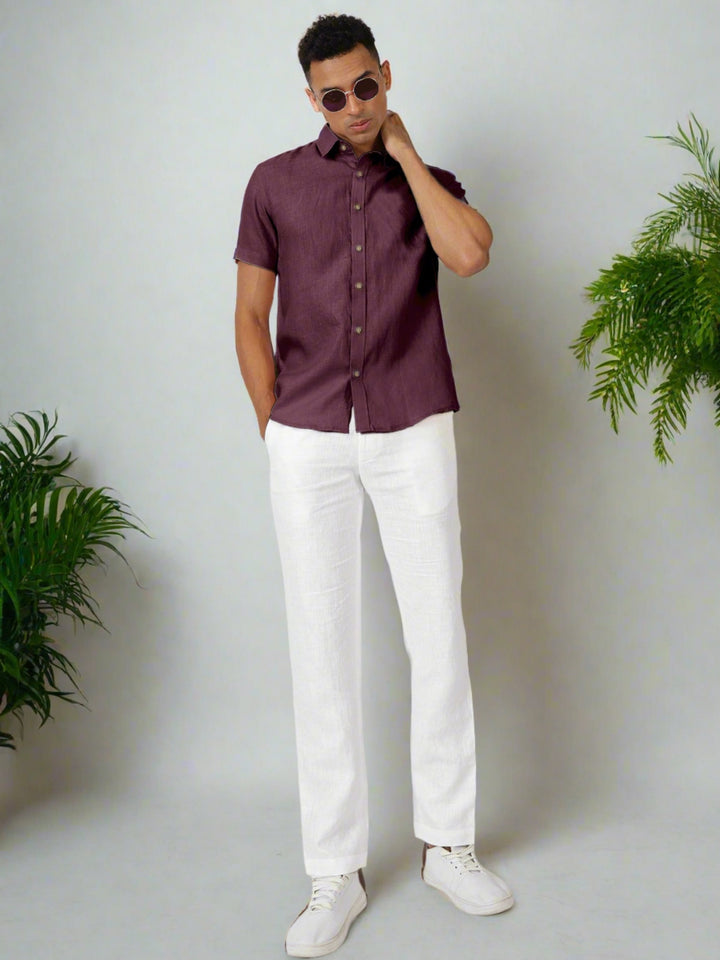 Ron - Pure Linen Half Sleeve Shirt - Dark Purple