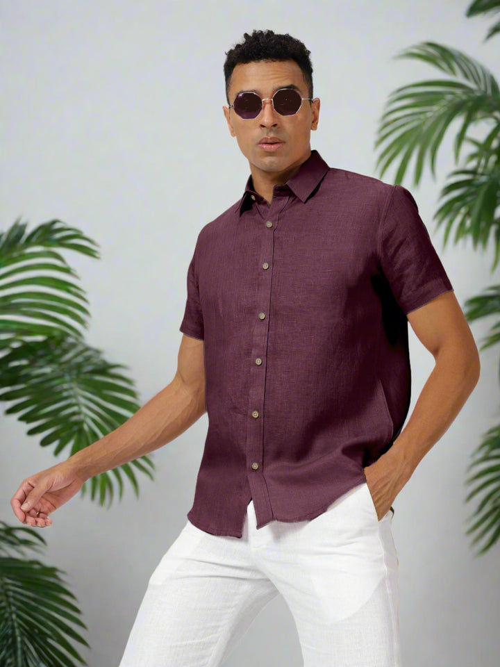 Ron - Pure Linen Half Sleeve Shirt - Dark Purple