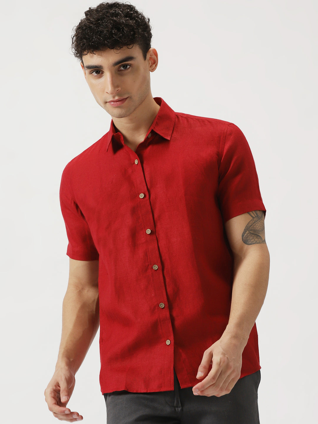 Ron - Pure Linen Half Sleeve Shirt - Mud Red