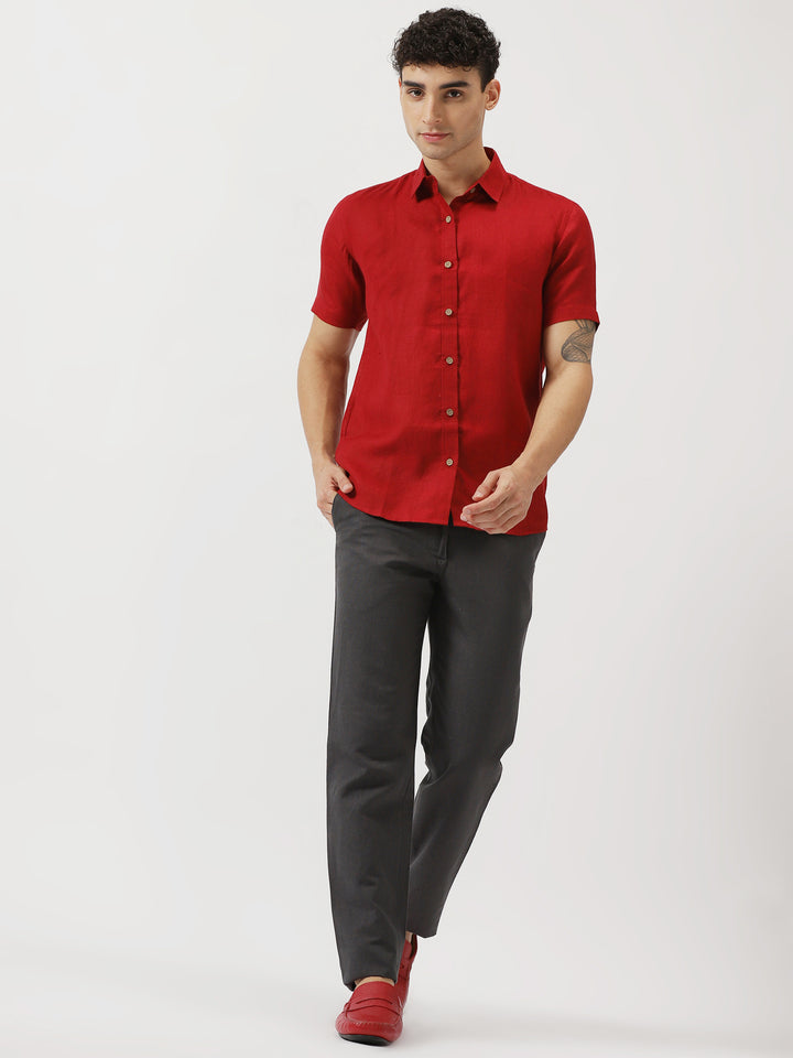 Ron - Pure Linen Half Sleeve Shirt - Mud Red