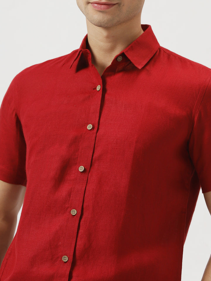 Ron - Pure Linen Half Sleeve Shirt - Mud Red