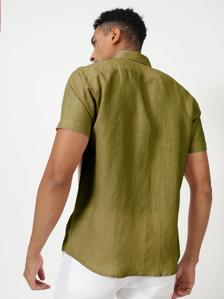 Ron - Pure Linen Half Sleeve Shirt - Sap Green