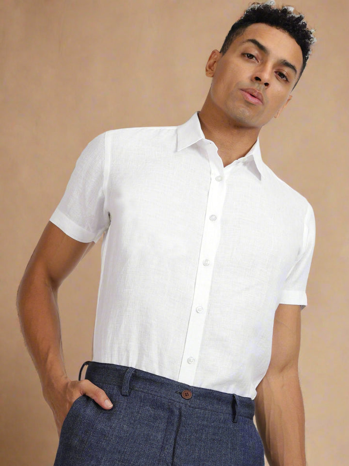 Ron - Pure Linen Half Sleeve Shirt - White