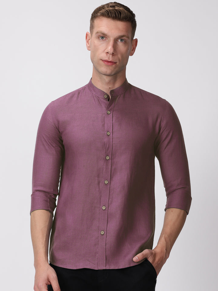 Ronan - Pure Linen Mandarin Collar Full Sleeve Shirt - Twilight Purple