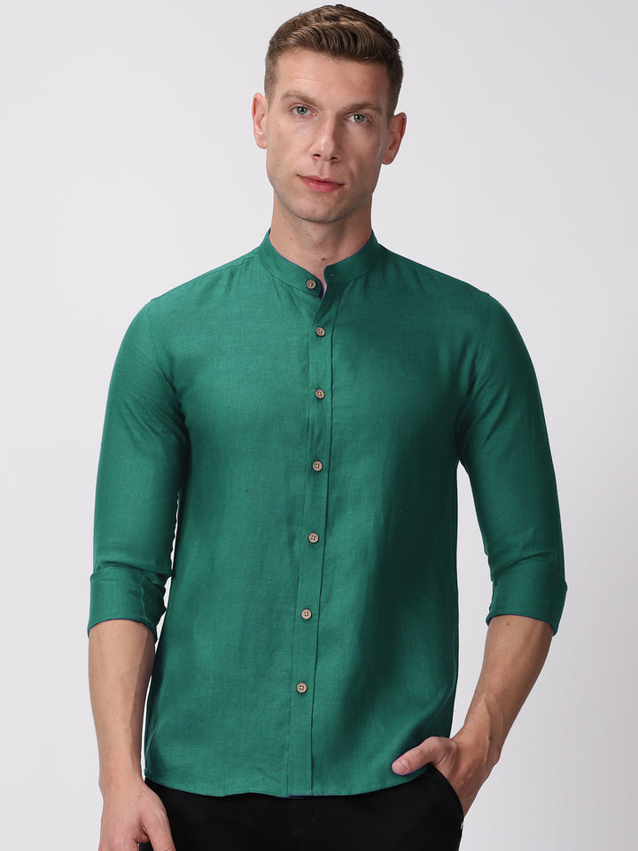 Ronan - Pure Linen Mandarin Collar Full Sleeve Shirt - Teal Green