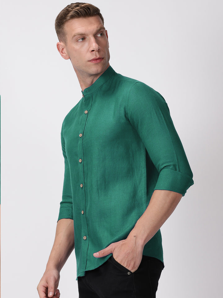 Ronan - Pure Linen Mandarin Collar Full Sleeve Shirt - Teal Green