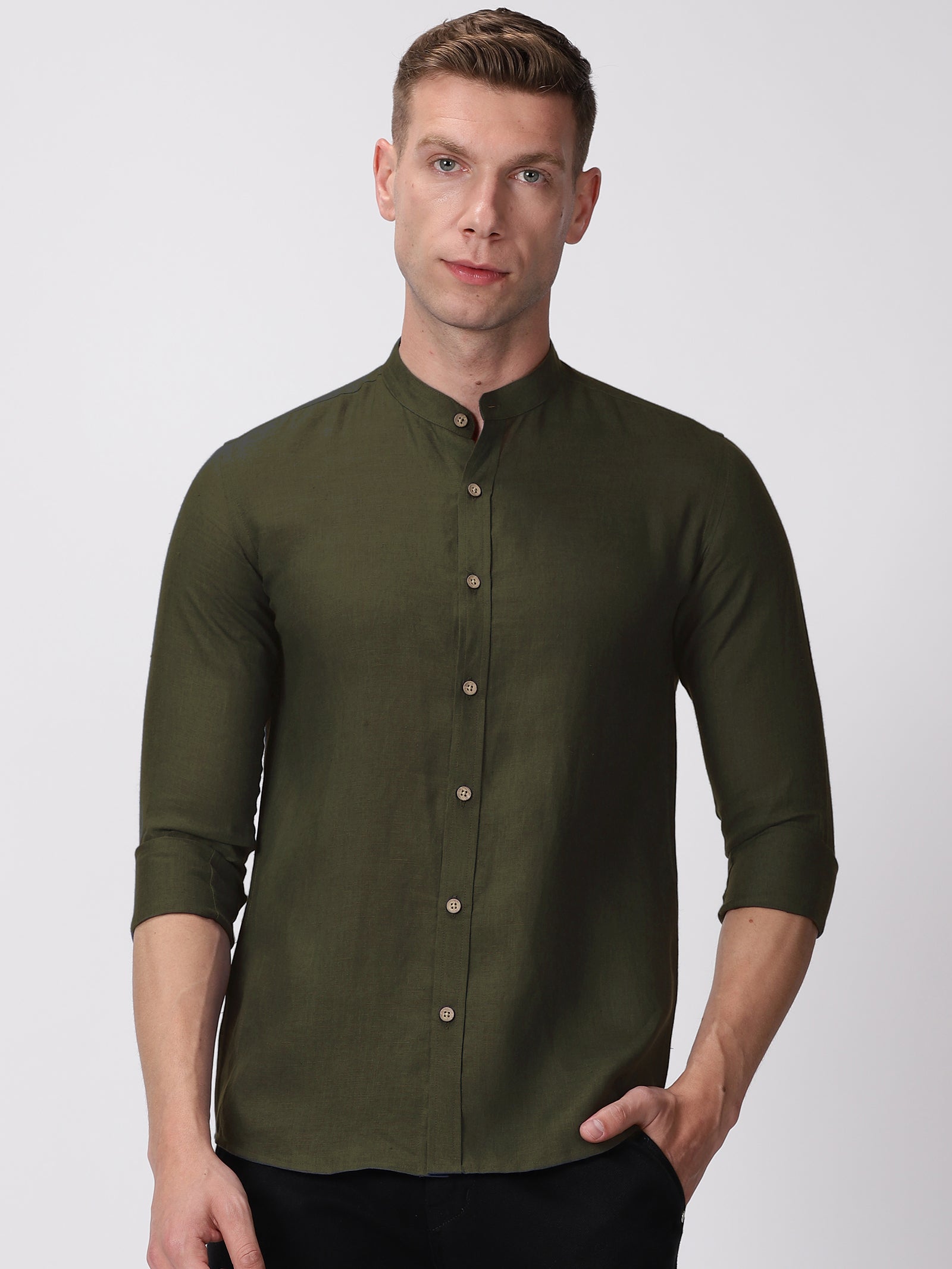 Moss Green Pure Linen Mandarin Collar Full Sleeve Shirt – Linen Trail