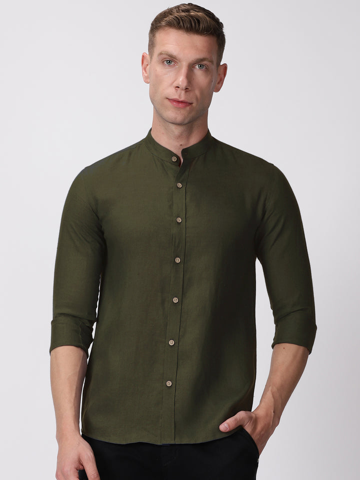 Ronan - Pure Linen Mandarin Collar Full Sleeve Shirt - Moss Green
