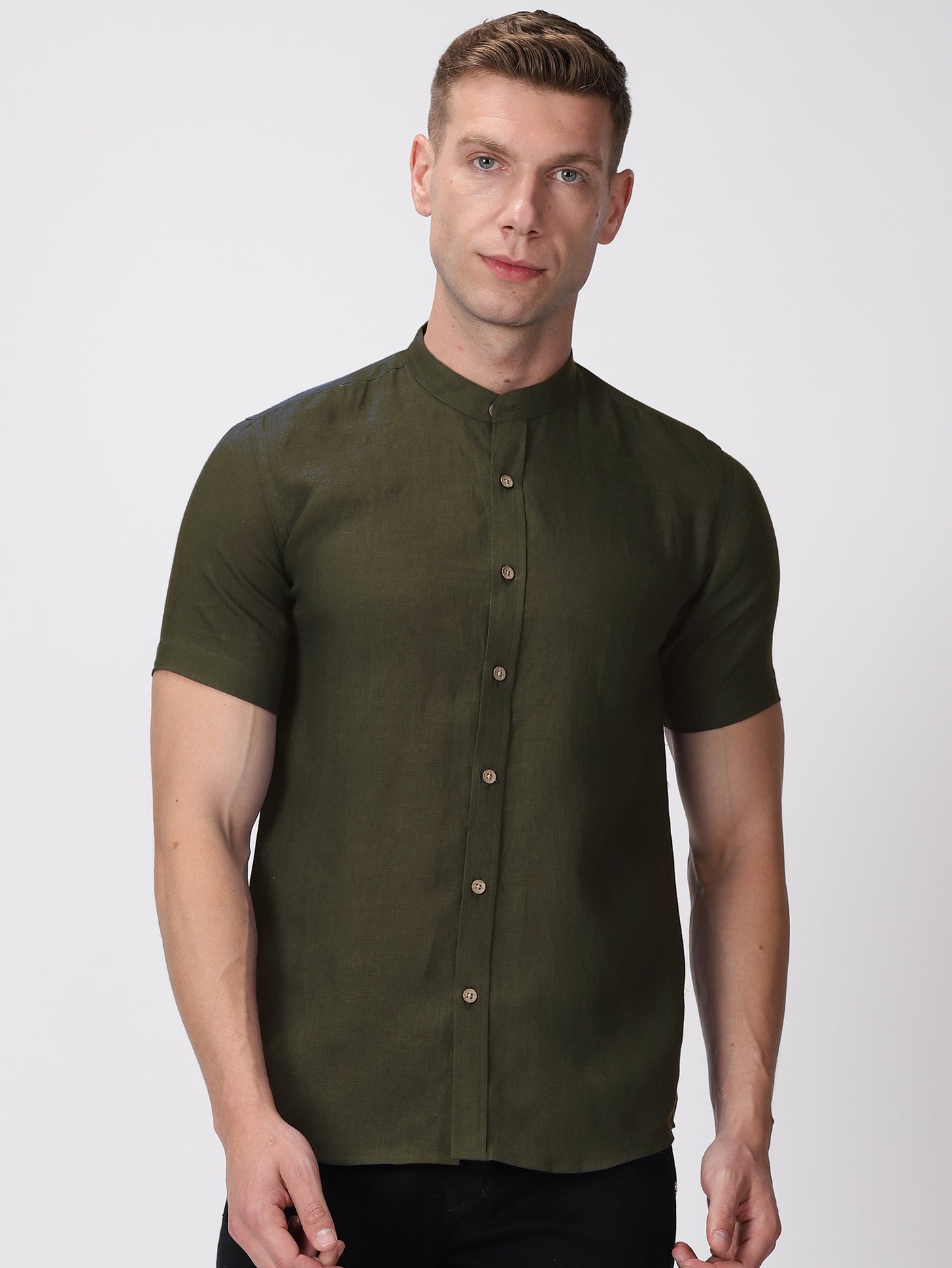 Ronan - Pure Linen Mandarin Collar Half Sleeve Shirt - Moss Green
