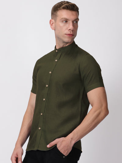 Ronan - Pure Linen Mandarin Collar Half Sleeve Shirt - Moss Green