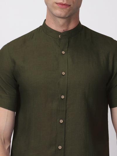 Ronan - Pure Linen Mandarin Collar Half Sleeve Shirt - Moss Green