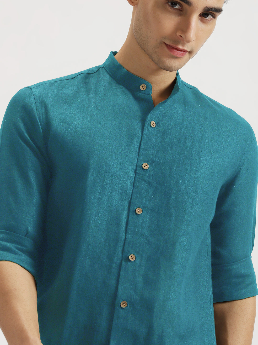 Ronan - Pure Linen Mandarin Collar Full Sleeve Shirt - Peacock Blue