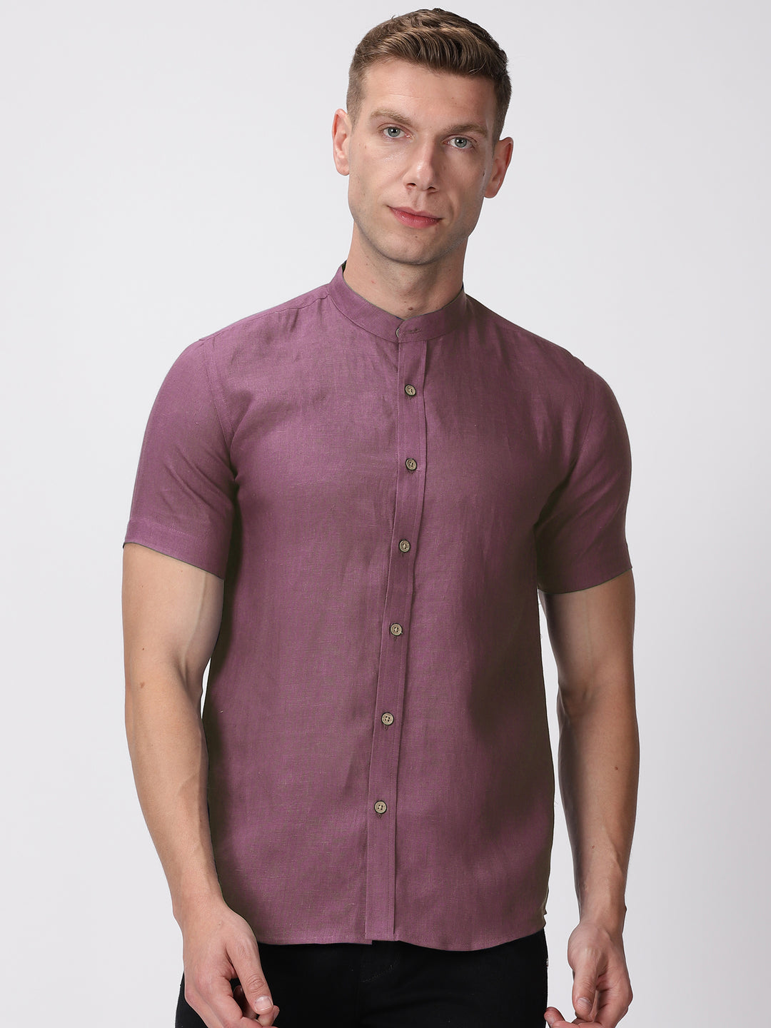 Ronan - Pure Linen Mandarin Collar Half Sleeve Shirt - Twilight Purple