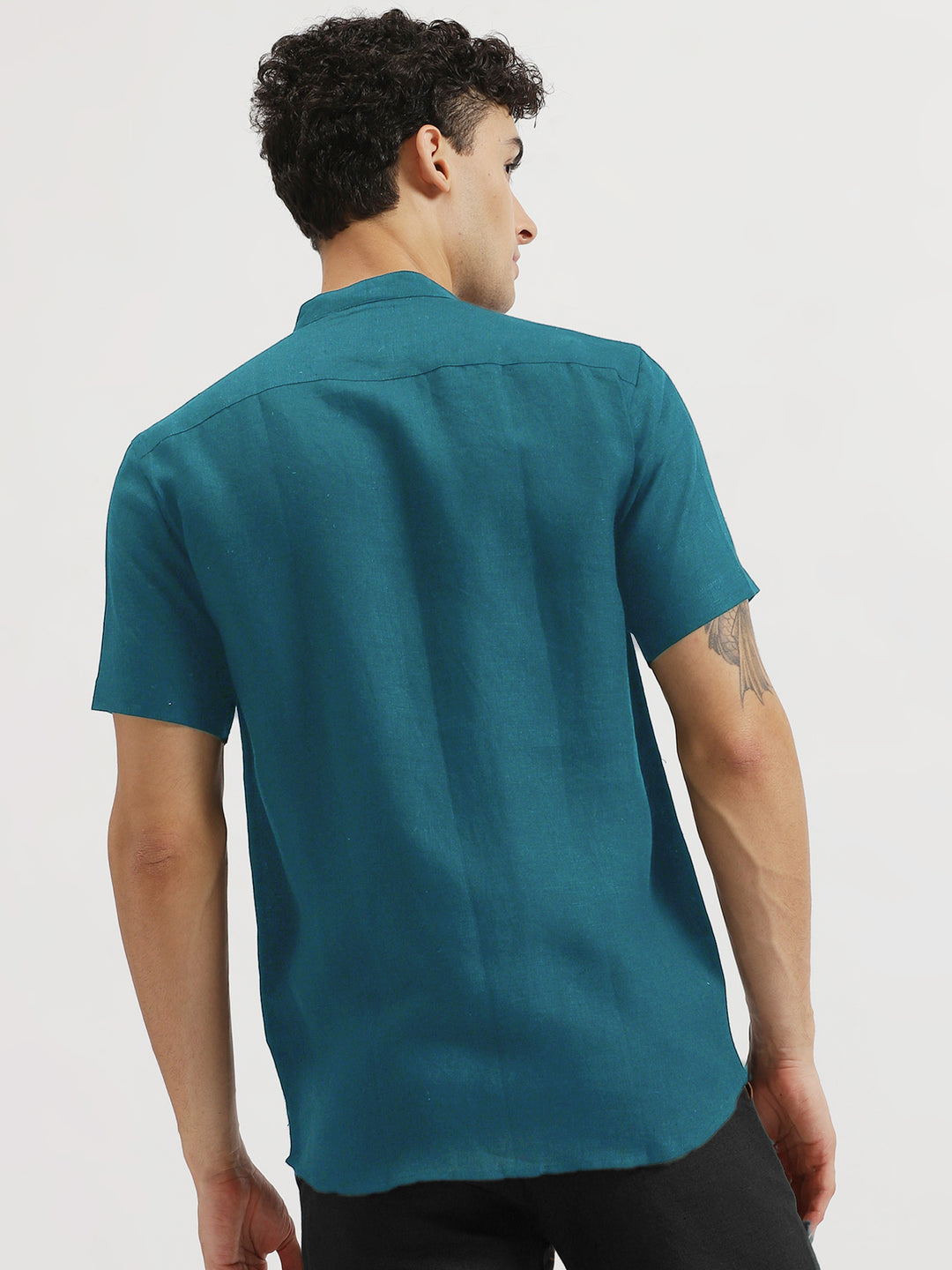 Ronan - Pure Linen Mandarin Collar Half Sleeve Shirt - Peacock Blue