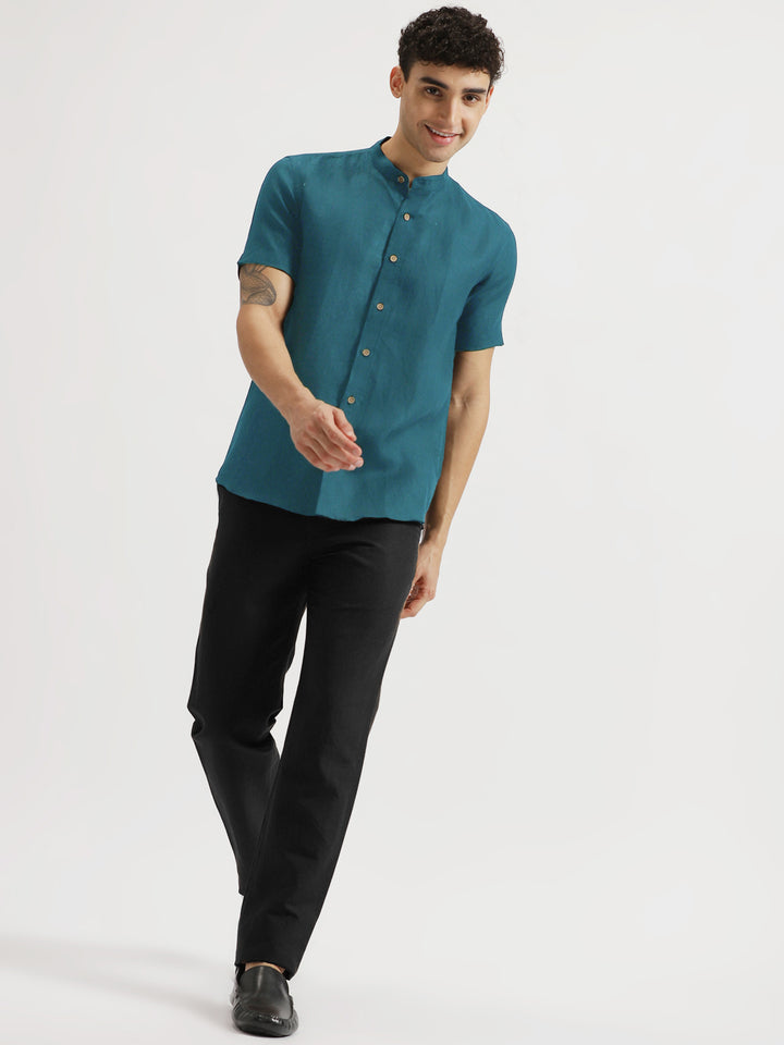 Ronan - Pure Linen Mandarin Collar Half Sleeve Shirt - Peacock Blue
