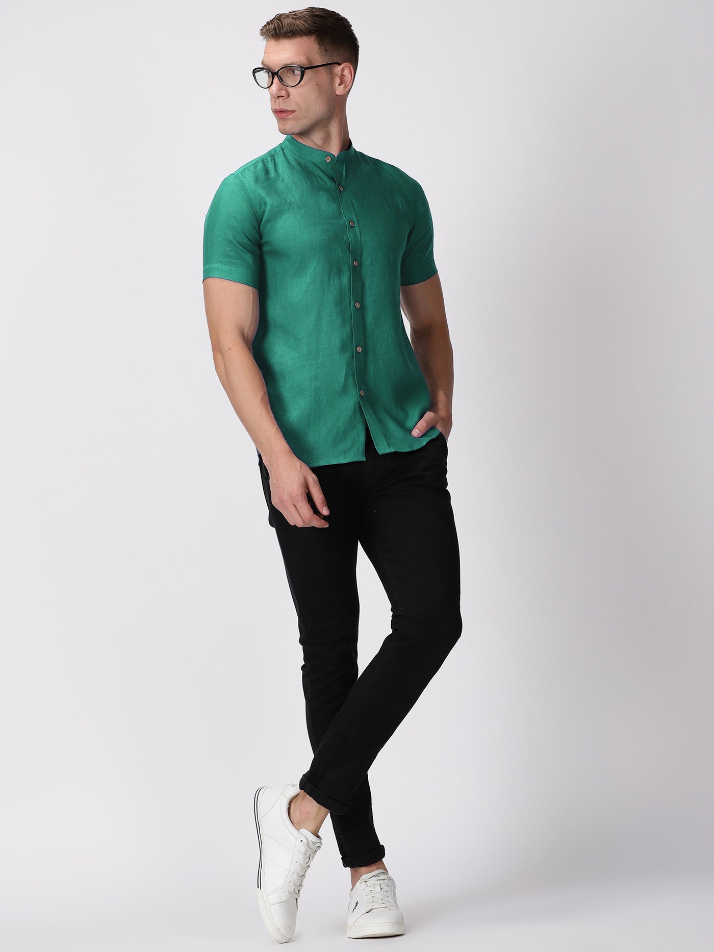 Ronan - Pure Linen Mandarin Collar Half Sleeve Shirt - Teal Green