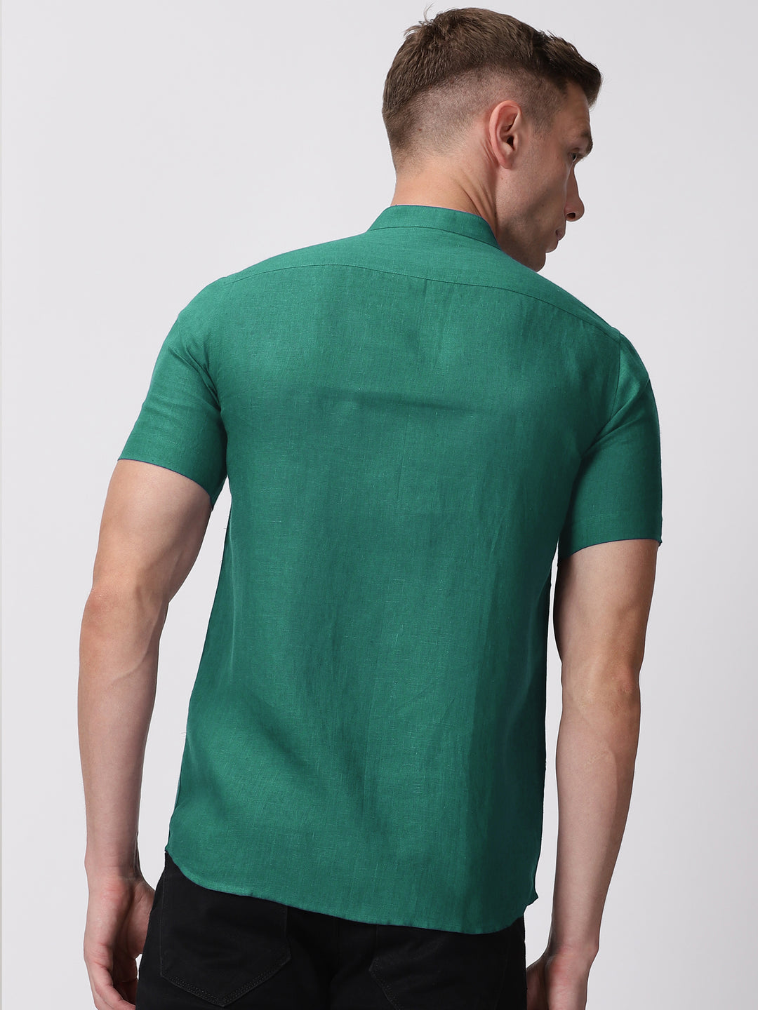 Ronan - Pure Linen Mandarin Collar Half Sleeve Shirt - Teal Green