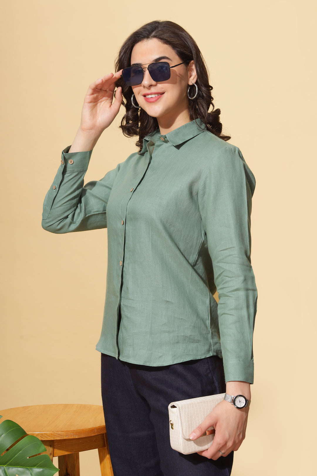 Rosa - Pure Linen Full Sleeve Shirt - Smoke Green