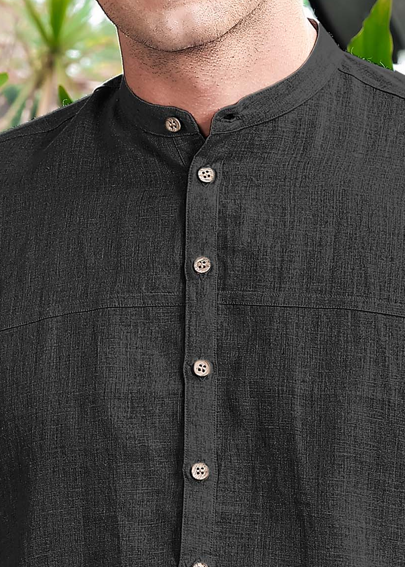 Sarang - Mandarin Collar Deep Placket Pure Linen Short Kurta - Black