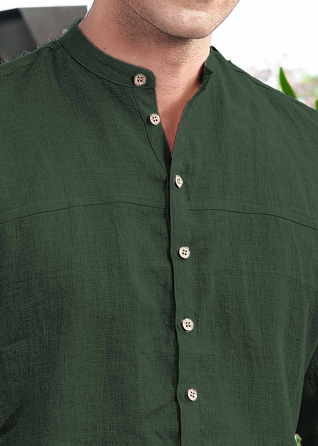 Sarang - Mandarin Collar Deep Placket Pure Linen Short Kurta - Dark Fern Green