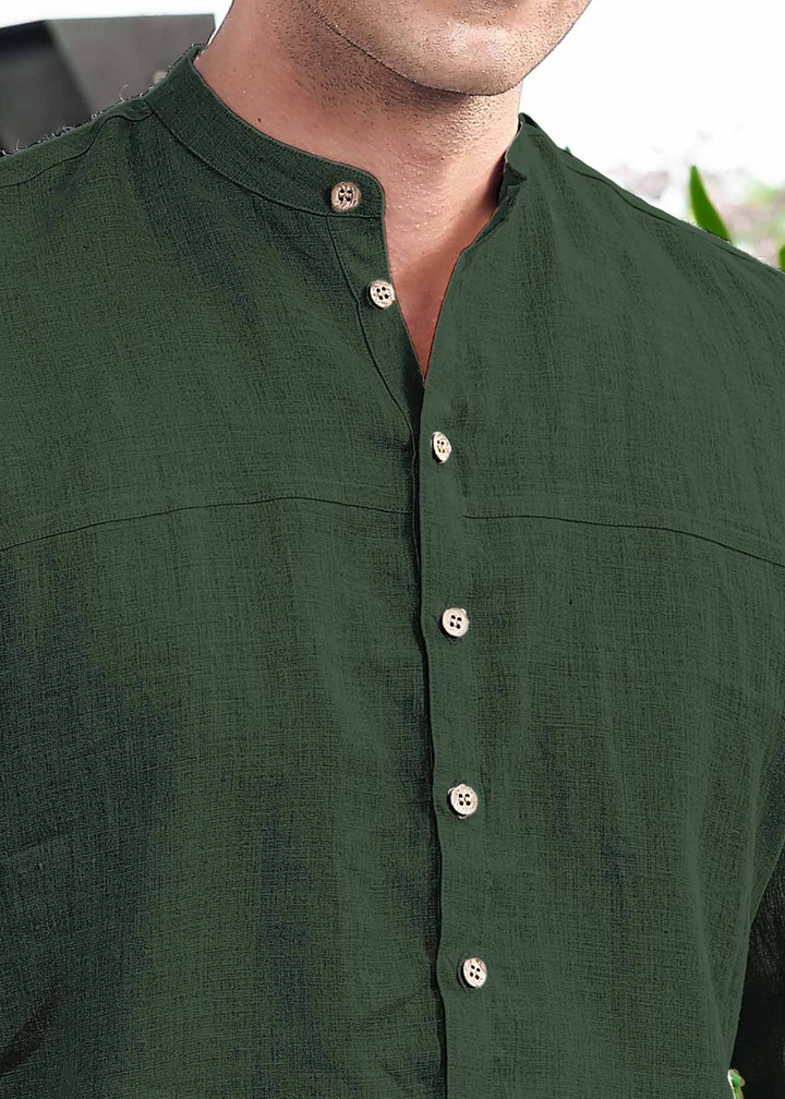 Sarang - Mandarin Collar Deep Placket Pure Linen Short Kurta - Dark Fern Green