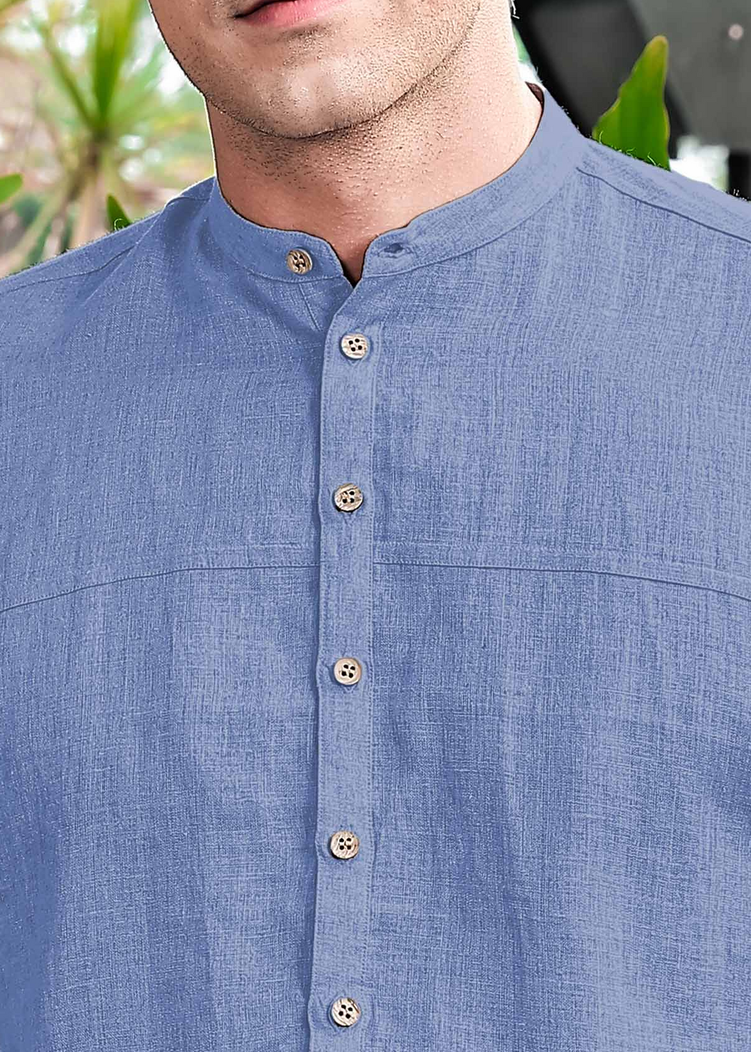 Sarang - Mandarin Collar Deep Placket Pure Linen Short Kurta - Olympic Blue