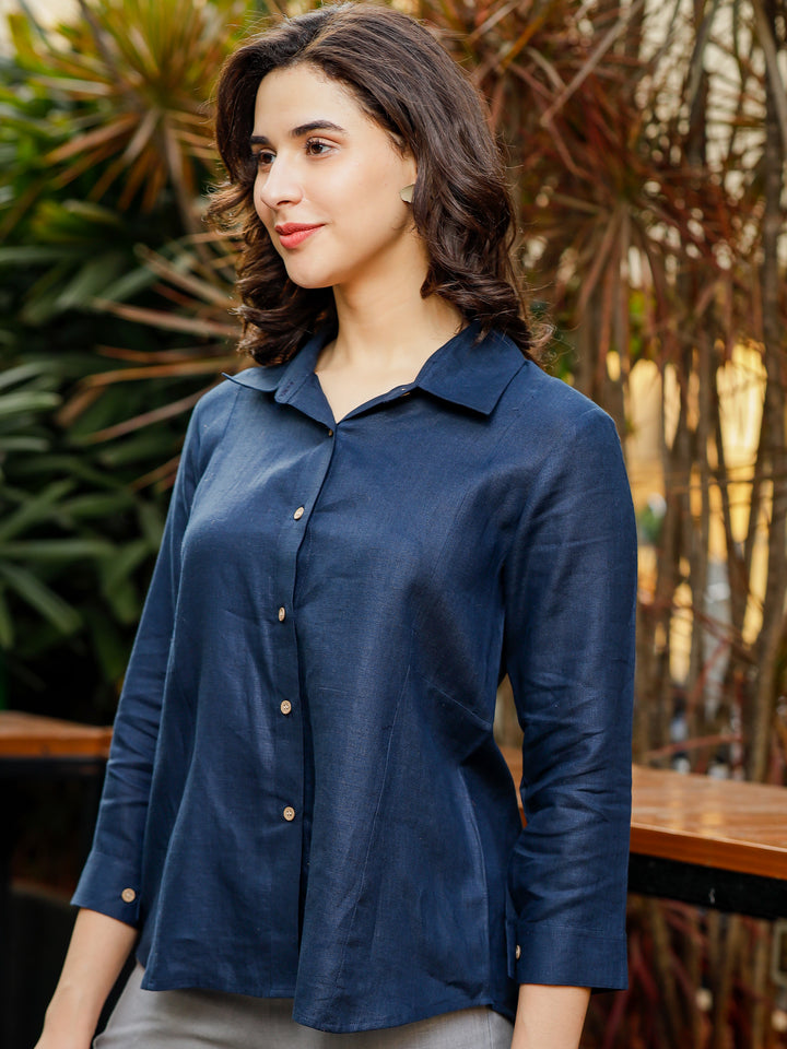 Sarah - Pure Linen Full Sleeve Shirt With Side Panels - Navy Blue