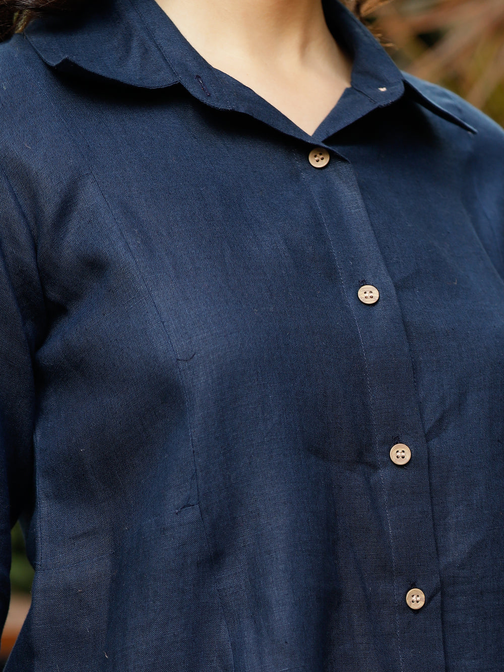 Sarah - Pure Linen Full Sleeve Shirt With Side Panels - Navy Blue