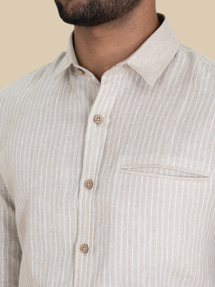 Seth - Pure Linen Striped Full Sleeve Shirt - Ecru | Rescue