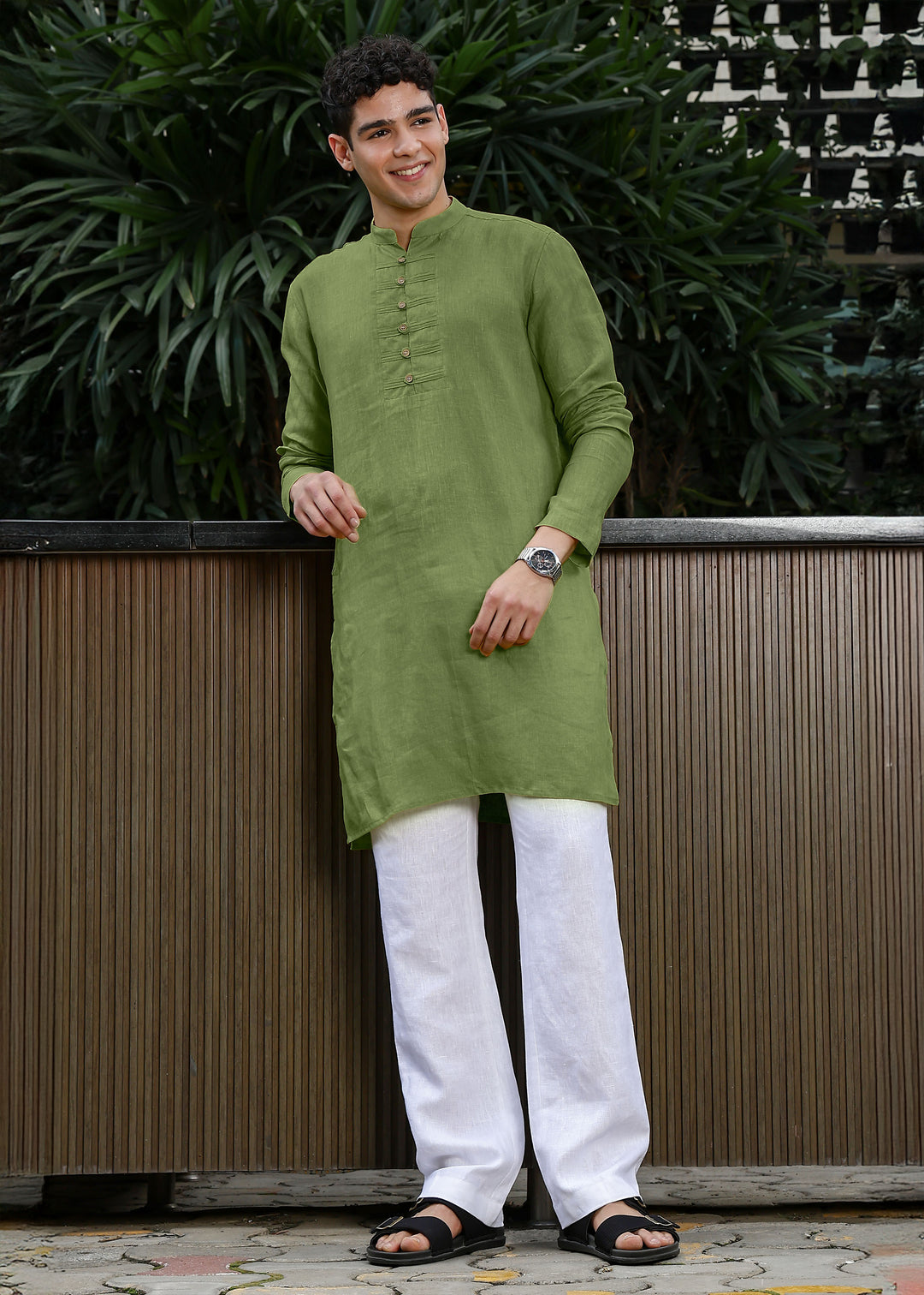 Shaan - Full Sleeve Band Collar Pure Linen Kurta - Cossack Green