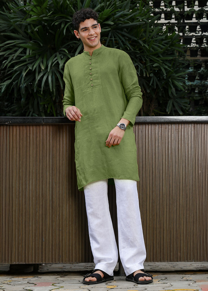 Shaan - Full Sleeve Band Collar Pure Linen Kurta - Cossack Green