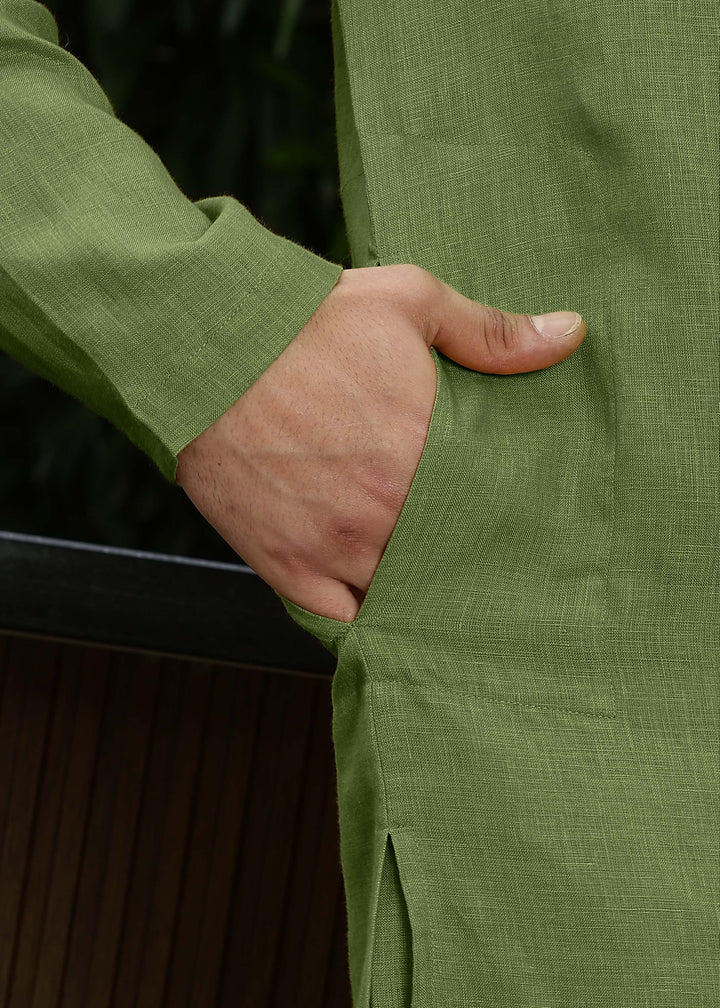 Shaan - Full Sleeve Band Collar Pure Linen Kurta - Cossack Green