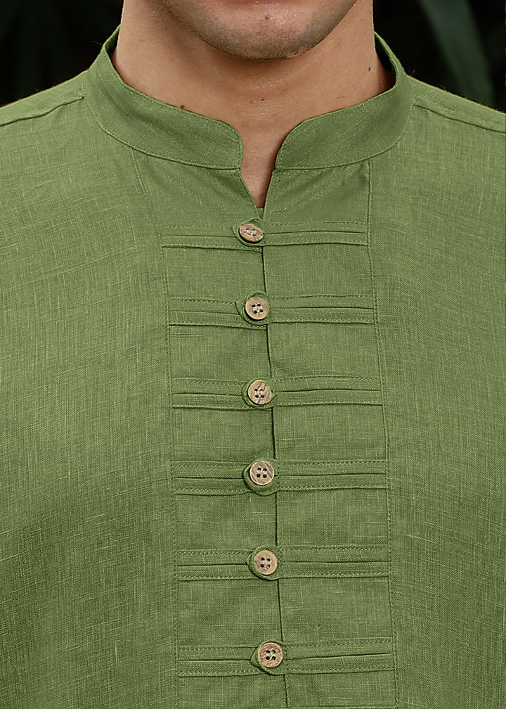 Shaan - Full Sleeve Band Collar Pure Linen Kurta - Cossack Green