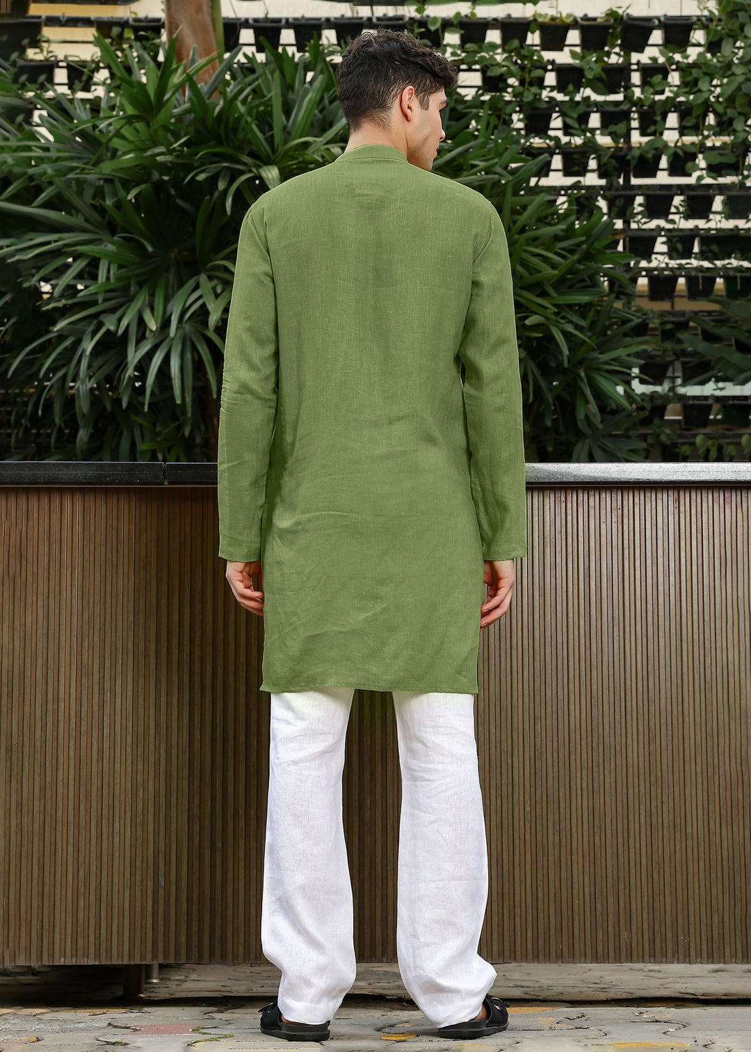 Shaan - Full Sleeve Band Collar Pure Linen Kurta - Cossack Green