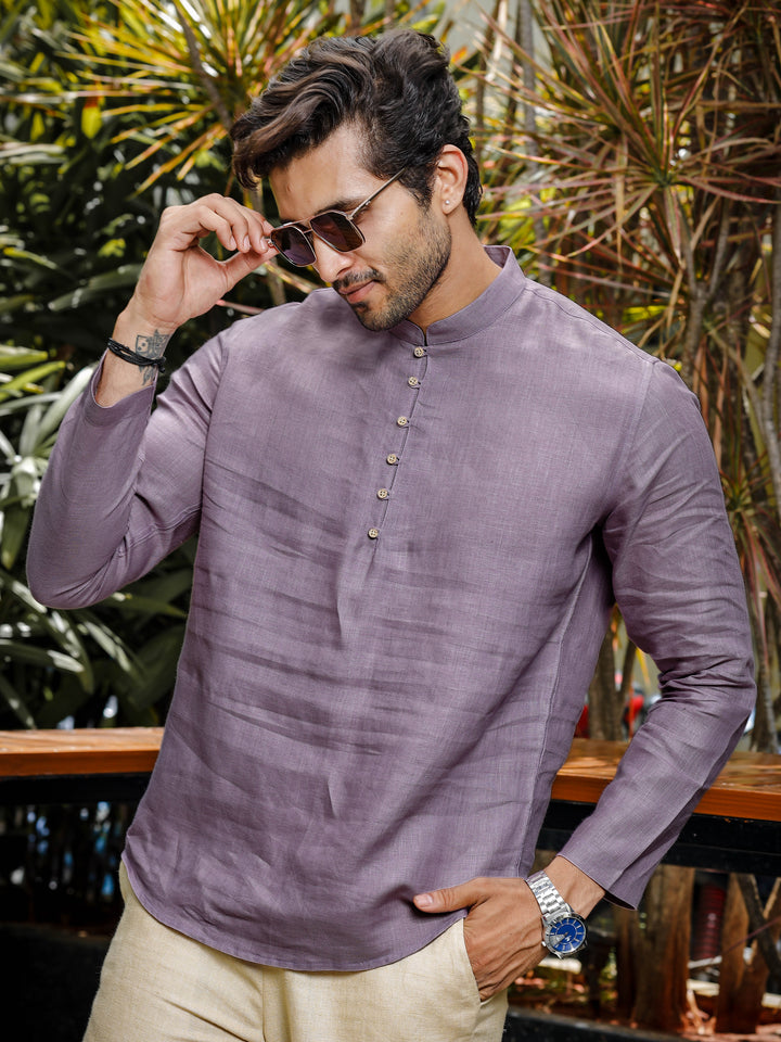 Shurta - Pure Linen Full Sleeve Kurta Short Shirt - Misty Lilac