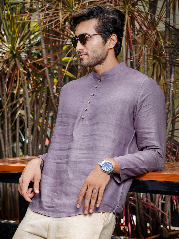 Shurta - Pure Linen Full Sleeve Kurta Short Shirt - Misty Lilac