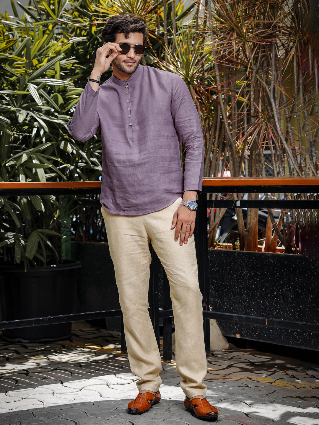 Shurta - Pure Linen Full Sleeve Kurta Short Shirt - Misty Lilac