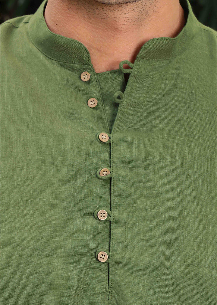 Shurta - Pure Linen Full Sleeve Short Kurta Shirt - Cossack Green