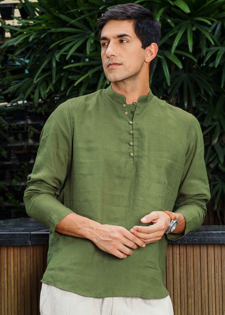 Shurta - Pure Linen Full Sleeve Short Kurta Shirt - Cossack Green